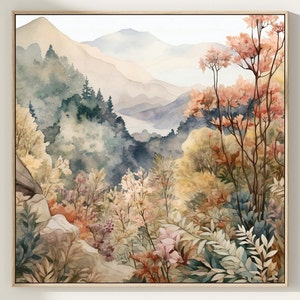 Mountain forest watercolor print square wall art neutral panoramic landscape mountain valley poster home decor gift