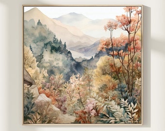 Aquarelprint van een sereen bergbos, neutrale landschapsmuurdecoratie, rustgevende natuurlijke woondecoratie