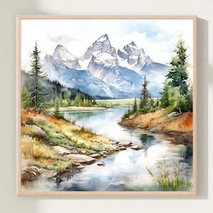 Grand Teton Mountain River National Park Druck, Quadratische Wandkunst, Aquarell Reise Kunstdruck, Wohnkultur Geschenk Art