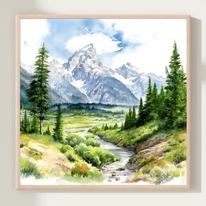 Berglandschaft Aquarell hellblau grüne Wand Kunst Panorama Landschaft Aquarell Malerei Quadrat Natur Kunstdruck Wohnkultur Geschenk Kunst