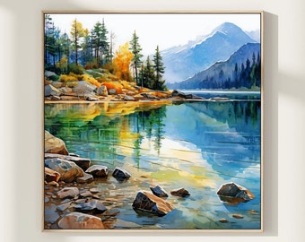 Mountain Lake Watercolor Art Print: Blue Green Landscape