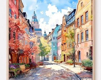 Oslo, Norvegia Stampa: Paesaggio urbano europeo in stile retrò, acquerello