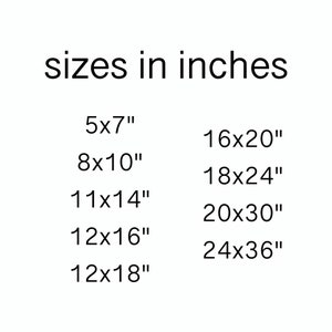 May include: A list of different sizes in inches for prints, photos, or artwork. The sizes range from 5x7 inches to 24x36 inches.