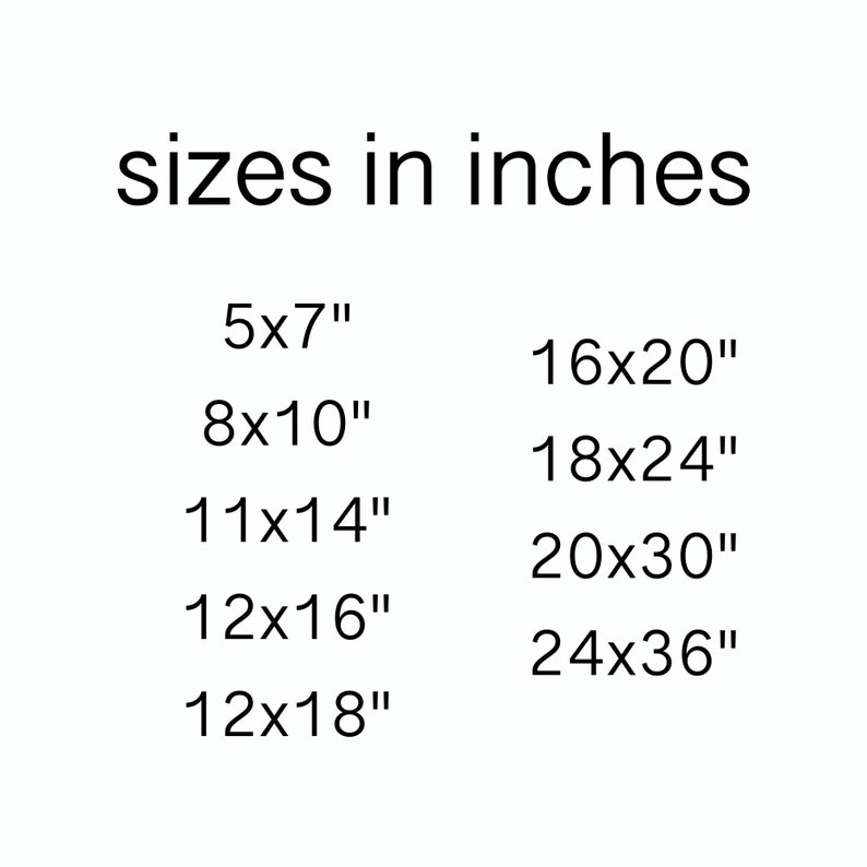 May include: A list of different sizes in inches for prints, photos, or artwork. The sizes range from 5x7 inches to 24x36 inches.