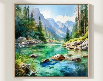 Mountain lake watercolor blue green wall art panoramic landscape vivid wall art mountains painting square realistic nature art print