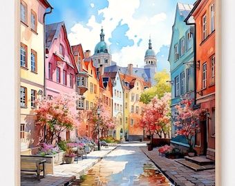 Stampa di street art di Oslo: paesaggio urbano retrò ad acquerello