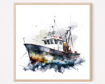 Shrimp Boat Watercolor Print: Nautical Coastal Art