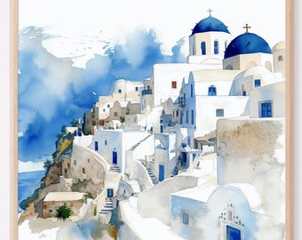 Santorini Greece Watercolor Painting Art Print, Santorini Wall Art, Greece Poster, Summer Home Decor, Travel illustration. GS