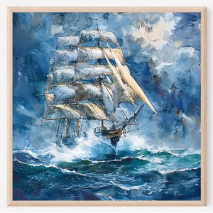 Trójmasztowy żaglowiec, wydruk artystyczny: akwarela, pejzaż morski