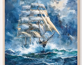 Impresión artística de un velero de tres mástiles: pintura marina en acuarela