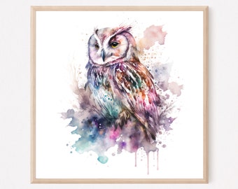 Barn Owl Watercolor Art Print, Colorful Woodland Home Decor