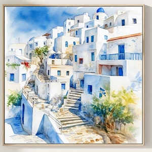 Santorini Greece Watercolor Painting Art Print, Santorini Wall Art, Greece Poster, Summer Home Decor, Travel illustration. GS
