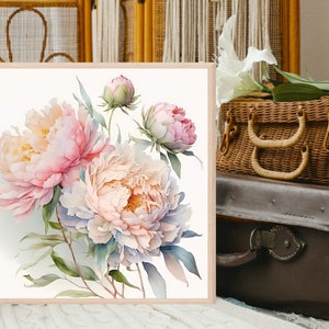 Pode incluir: Uma pintura em aquarela de pe&ocirc;nias rosa e brancas com folhas verdes sobre um fundo branco.