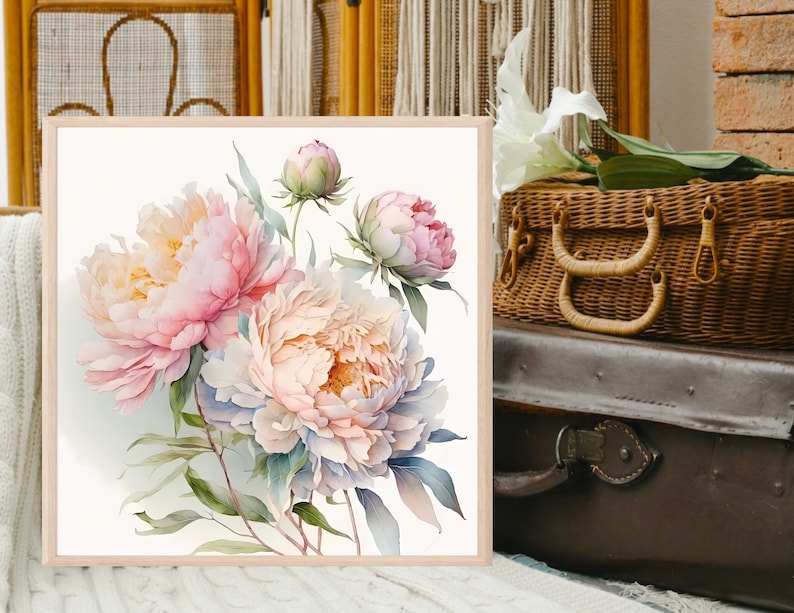 Pode incluir: Uma pintura em aquarela de pe&ocirc;nias rosa e brancas com folhas verdes sobre um fundo branco.