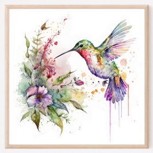 Dipinto di colibrì, stampa artistica di uccelli, colibrì acquerello, uccello verde rosa e fiori, arredamento per la casa per gli amanti dei colibrì, opera d'arte murale. HB
