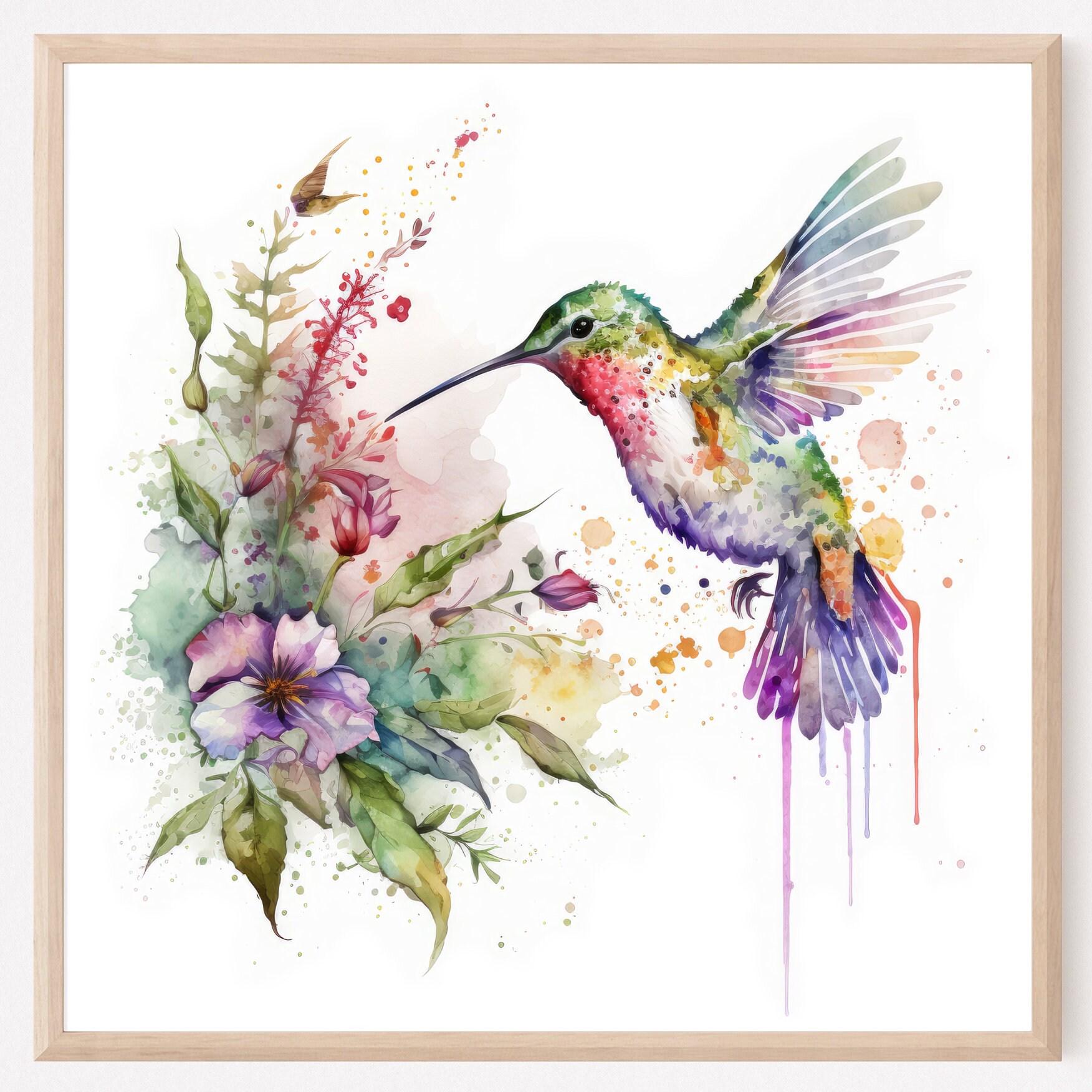 Kolibri Malerei, Vogel Kunstdruck, Aquarell Kolibri, grüner rosa Vogel und Blumen, Kolibri Liebhaber Wohnkultur, Wandkunst. HB