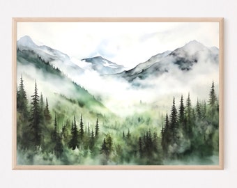 Smoky Mountains Watercolor Print, Misty Forest Landscape Art