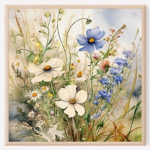 Wildflower field art landscape watercolor painting art print neutral country field wall art home decor gift square painting