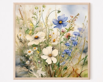 Wildflower Field Watercolor Print Neutral Landscape Wall Art Pastel Meadow Nature Home Decor Poster
