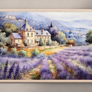 May include: A watercolor painting of a stone building with a lavender field in the foreground. The building has a light brown roof and white walls. The lavender field is a vibrant purple color.