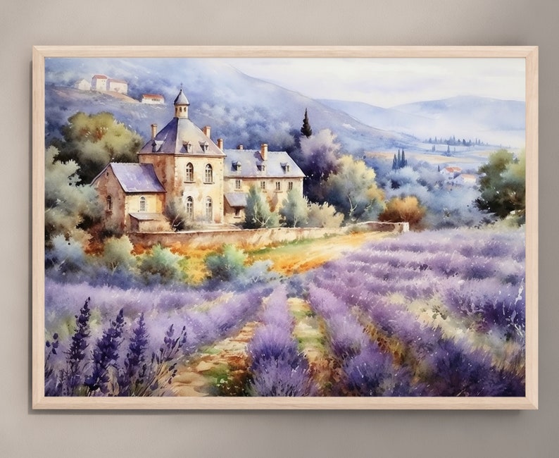 May include: A watercolor painting of a stone building with a lavender field in the foreground. The building has a light brown roof and white walls. The lavender field is a vibrant purple color.