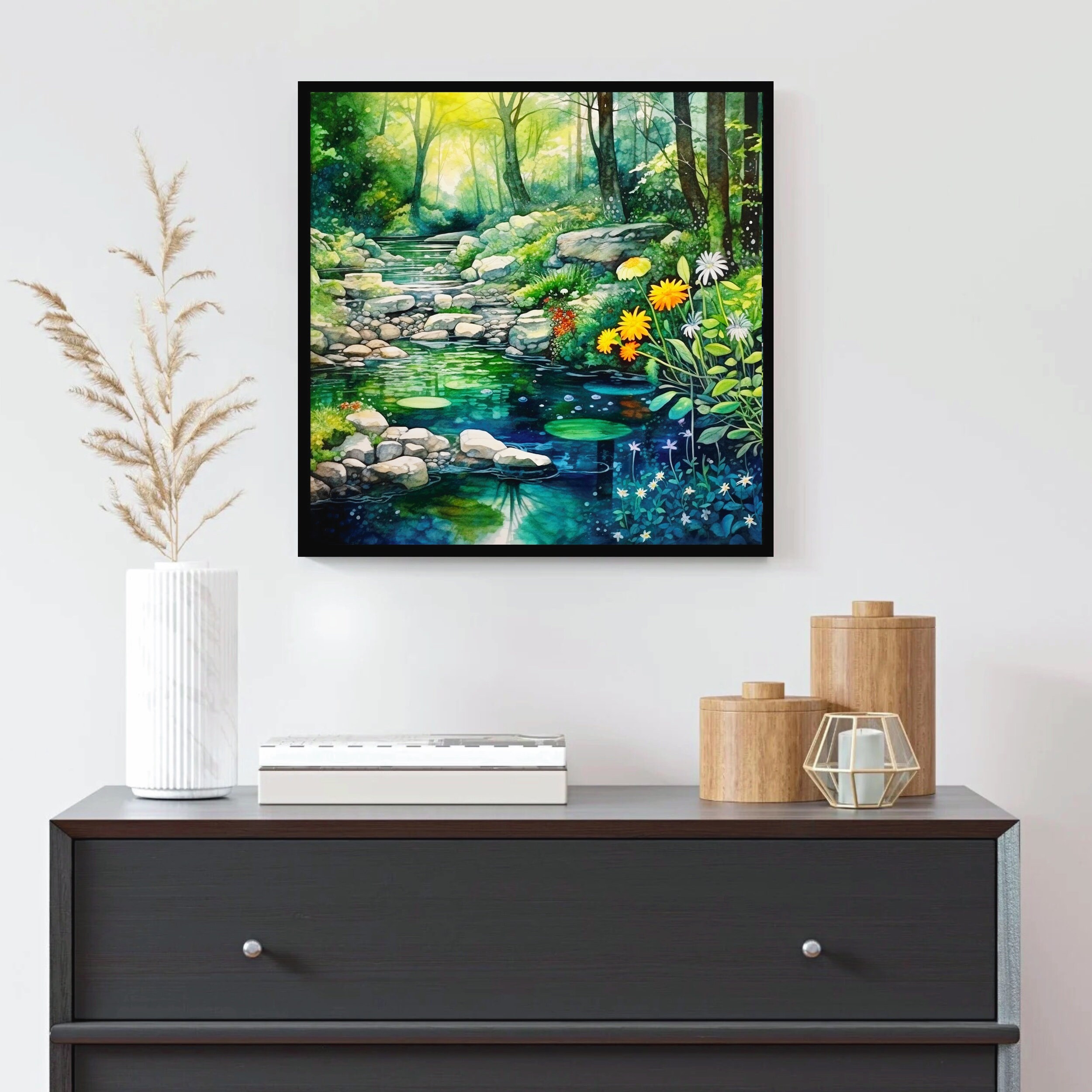River Landscape Watercolor Art Print: Forest Stones Giclee - Etsy