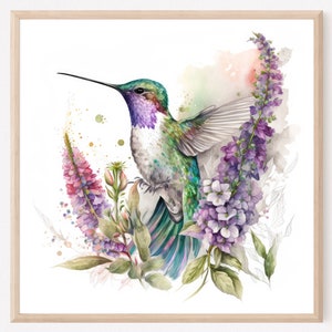 Hummingbird painting, Bird art print, Watercolor hummingbird, Green pink  bird and flowers, Hummingbird lover home decor, Wall artwork. HB