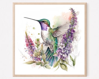 Kolibri Malerei, Vogel Kunstdruck, Aquarell Kolibri, grüner rosa Vogel und Blumen, Kolibri Liebhaber Wohnkultur, Wandkunst. HB