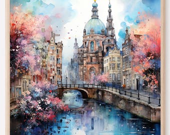 Amsterdam Canal Print Watercolor Architecture Art, European City Wall Decor, Spring Home Design