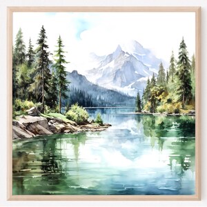 Mountain Lake Watercolor Print: Minimalist Landscape Art