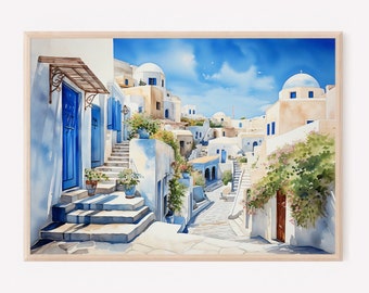 Santorini Greece Art Print: Watercolor Painting, Summer Travel Poster