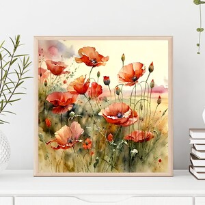 Poppy field wall art sunrise meadow watercolor painting abstract landscape fine art print wildflowers wall decor. RP image 8