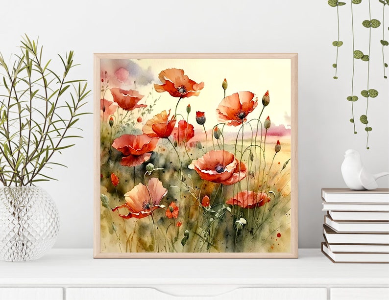 Poppy field wall art sunrise meadow watercolor painting abstract landscape fine art print wildflowers wall decor. RP image 8