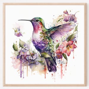 Dipinto di colibrì, stampa artistica di uccelli, colibrì acquerello, uccello verde rosa e fiori, arredamento per la casa per gli amanti dei colibrì, opera d'arte murale. HB