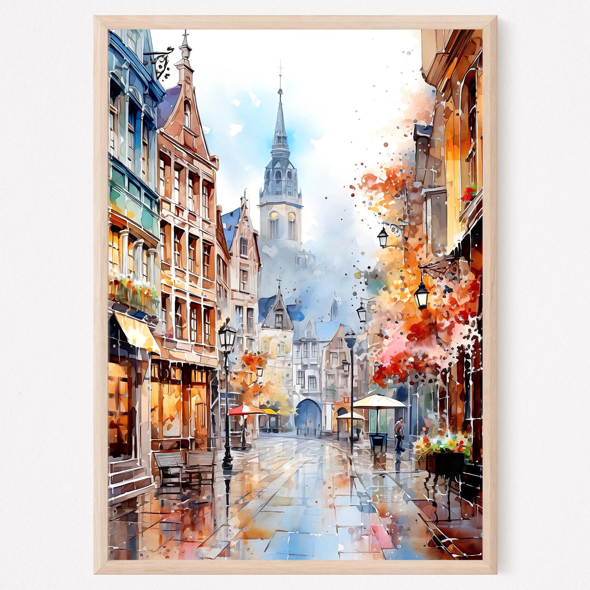 Brussels Belgium Watercolor Painting Art Print, Belgium Travel Poster, Cityscape Wall Art, Vintage style Art Print