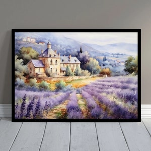 May include: Watercolor painting of a stone building with a tower in a field of purple lavender flowers. The building is surrounded by trees and a dirt path leads to the building.