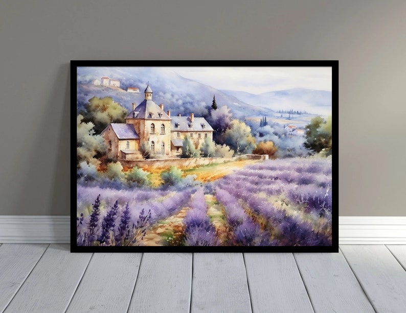 May include: Watercolor painting of a stone building with a tower in a field of purple lavender flowers. The building is surrounded by trees and a dirt path leads to the building.