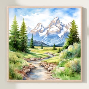 Berglandschaft Aquarell blau grün Wand Kunst Panorama minimalistische Wand Kunst Berge Malerei Quadrat abstrakte Natur Kunstdruck Geschenk