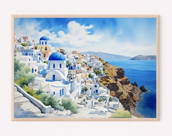 Santorini Greece Art Print: Watercolor Summer Travel Poster