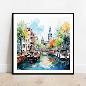 May include: Watercolor painting of a canal scene in Amsterdam, Netherlands. The painting features colorful buildings, a bridge, and two boats on the water. The sky is blue with white clouds.
