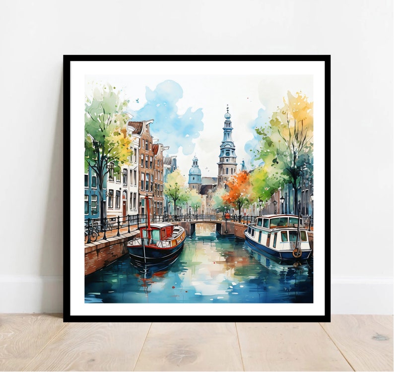 May include: Watercolor painting of a canal scene in Amsterdam, Netherlands. The painting features colorful buildings, a bridge, and two boats on the water. The sky is blue with white clouds.