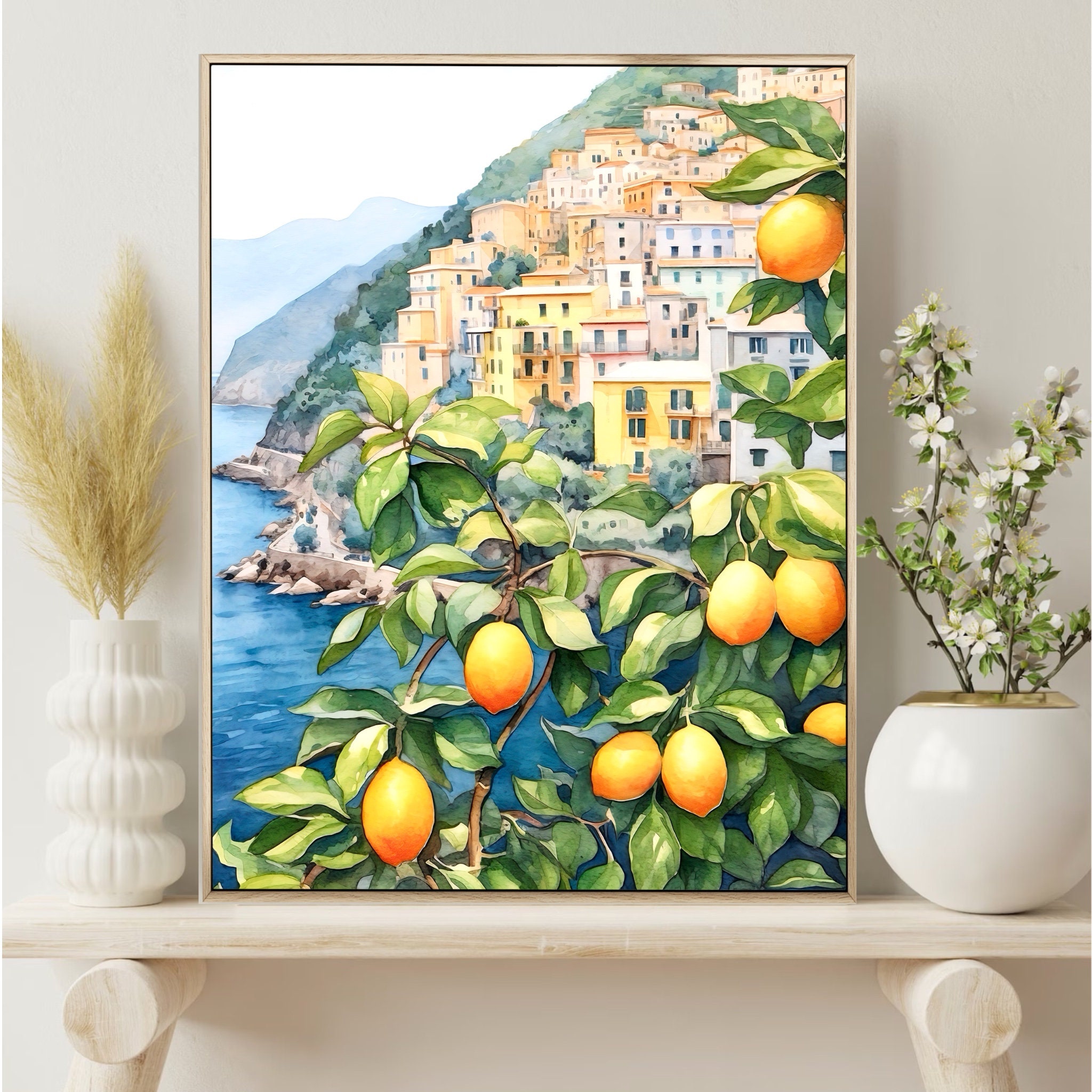 Amalfi Coast Watercolor Print, Positano Italy Lemon Tree Wall Art