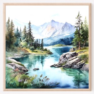 Alaska Mountain Lake Landscape Print, Square Wall Art, Nature Poster, Home Decor Gift Art