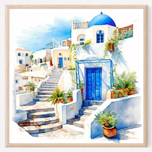 Santorini Watercolor Art Print: Greece Travel Poster