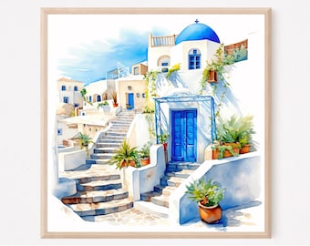 Santorini Watercolor Art Print: Greece Travel Poster
