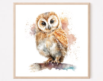 Owl Painting Art Print, Owl Print Wall Art, Square Poster, Bird Art, Office Decor, Home Decor, Owl Gift. OP