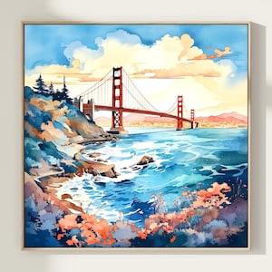 サンフランシスコのアート、サンフランシスコのプリント、サンフランシスコのポスター、カリフォルニアの壁アート、ゴールデン ゲート ブリッジのアート、水彩画、旅行ポスター