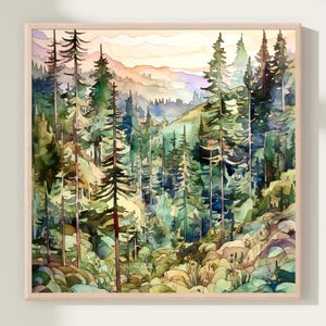 Print Forest Pine Tree Original Watercolor Painting Mountain Landscape Wall Art Home Decor Gift Art
