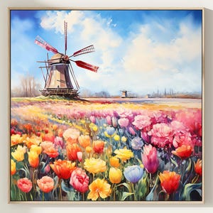The Netherlands, Holland Travel Poster of a Windmill in a Tulip Field, Netherlands Wall Art Print for Home Decor, Housewarming Gift