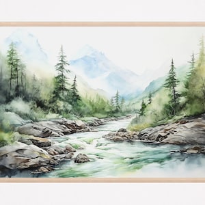 Alaska Mountain River Watercolor Painting Art Print